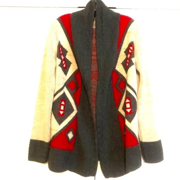 ECOTE x URBAN OUTFITTERS Tribal Pattern Open Cardigan Sweater Sand\Red M - Picture 2 of 5